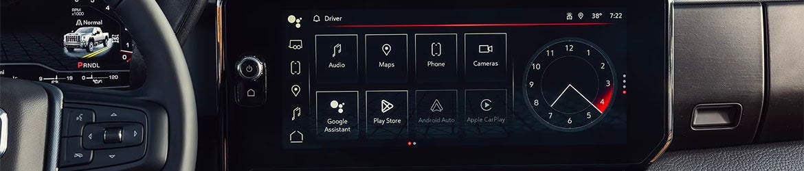 The options on the infotainment system within the 2025 GMC Sierra 2500 in Bryant, AR