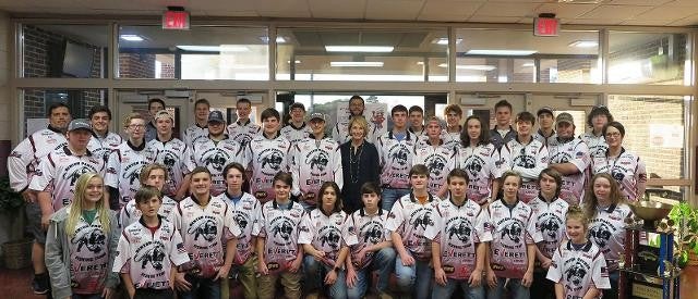 Benton panthers fishing team wearing shirts with Everett sponsorship logo